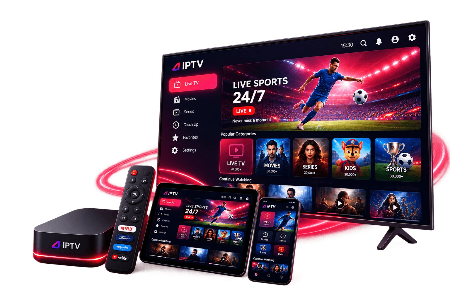 TiviStation IPTV interface showing live sports, movies and series on a TV, tablet, phone and streaming box